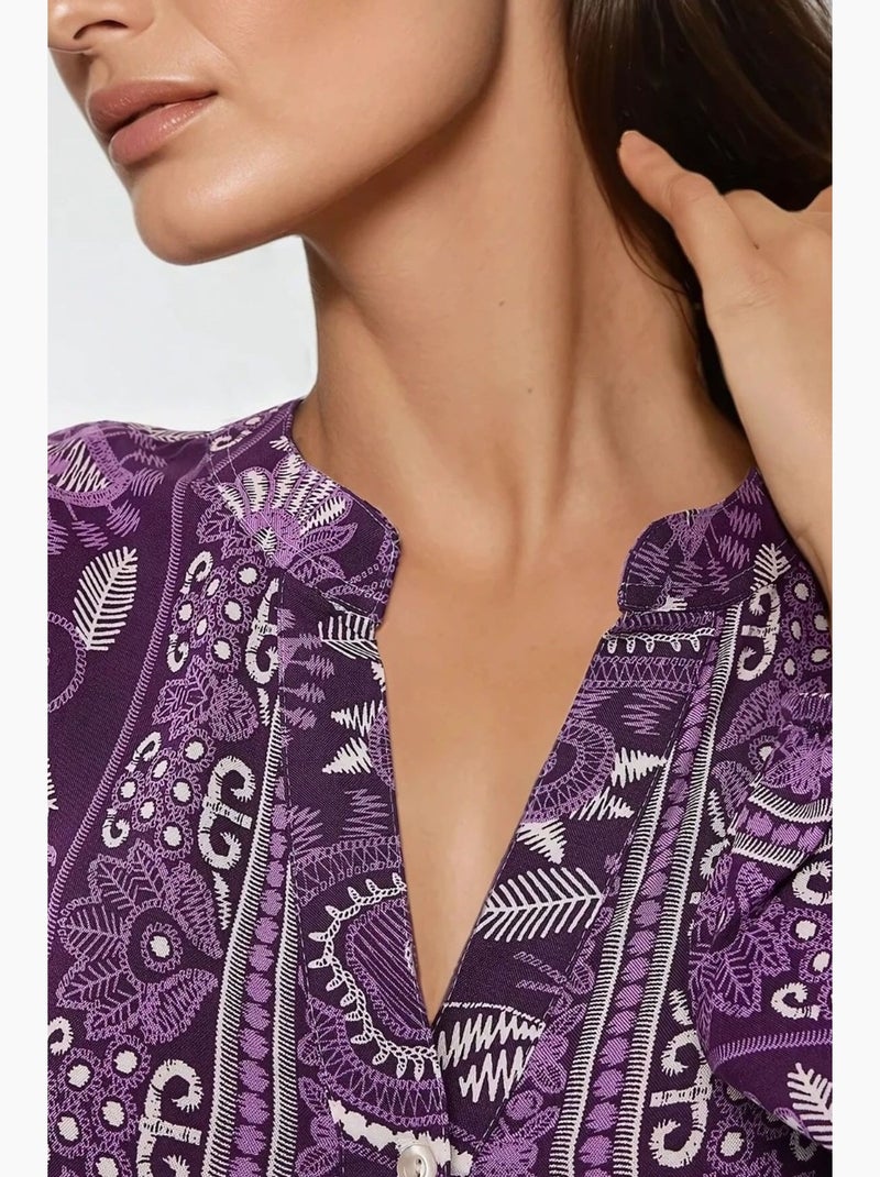 Robe longue imprimée à manches longues en viscose hiccup Violet - Kiabi