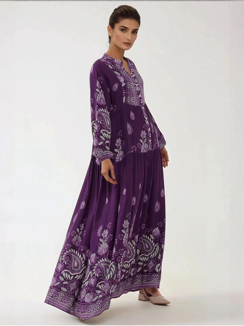 Robe longue imprimée à manches longues en viscose hiccup Violet - Kiabi