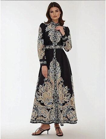 Robe longue imprimée en forme de A avec ceinture