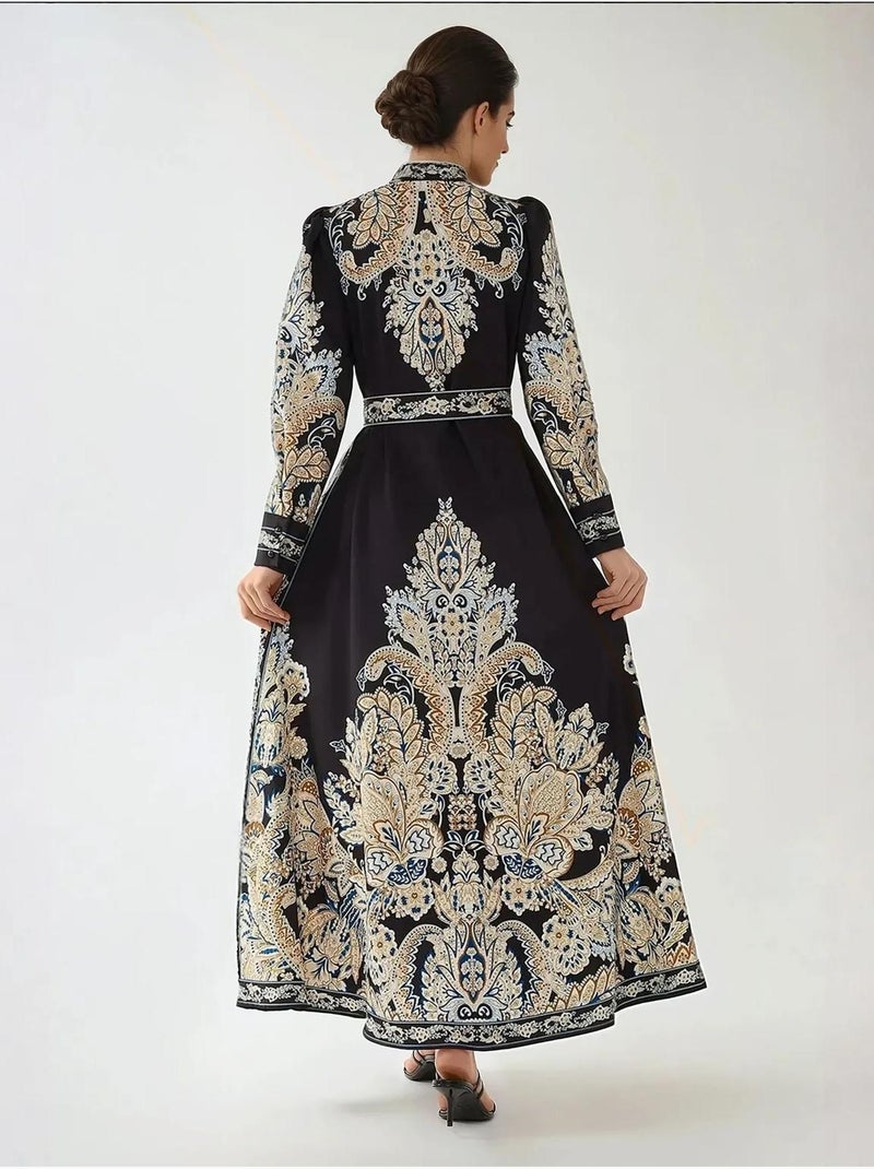 Robe longue imprimée en forme de A avec ceinture Noir - Kiabi