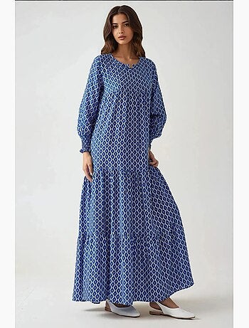 Robe longue imprimée en viscose à col ras du cou hiccup
