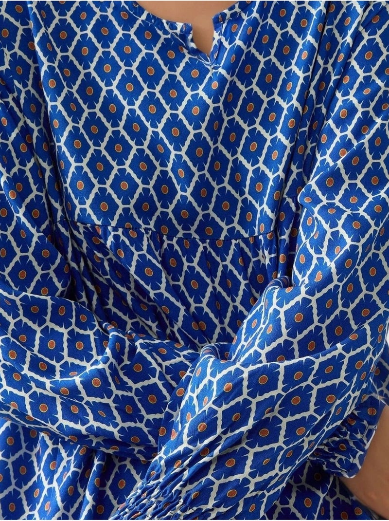 Robe longue imprimée en viscose à col ras du cou hiccup Bleu marine - Kiabi