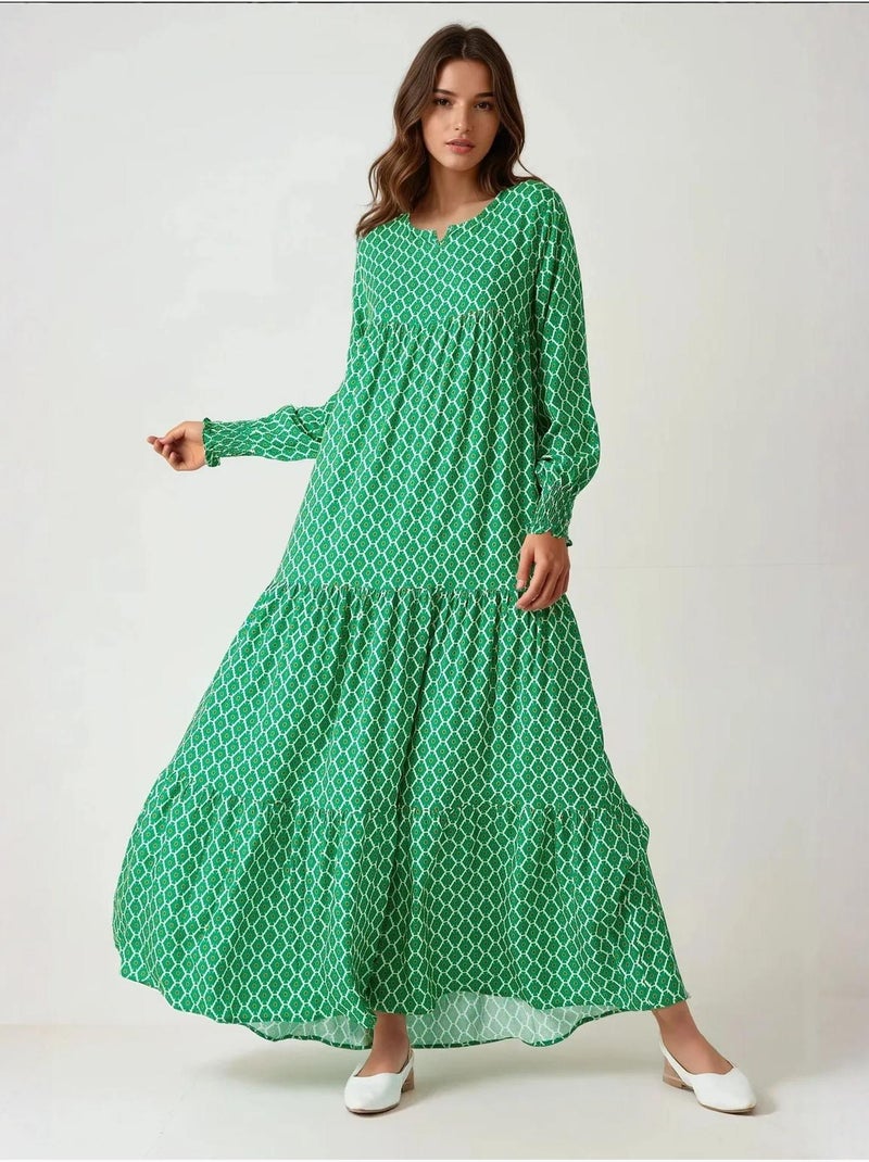 Robe longue imprimée en viscose à col ras du cou hiccup Vert bouteille - Kiabi