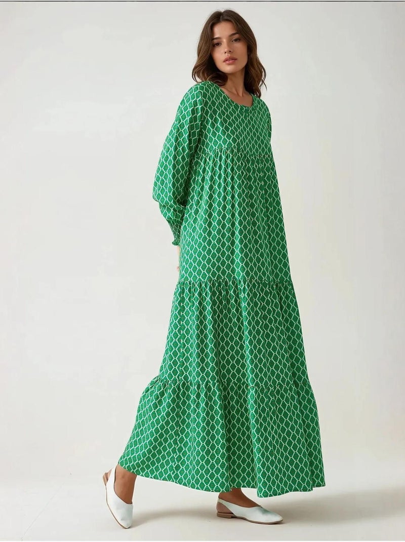 Robe longue imprimée en viscose à col ras du cou hiccup Vert bouteille - Kiabi