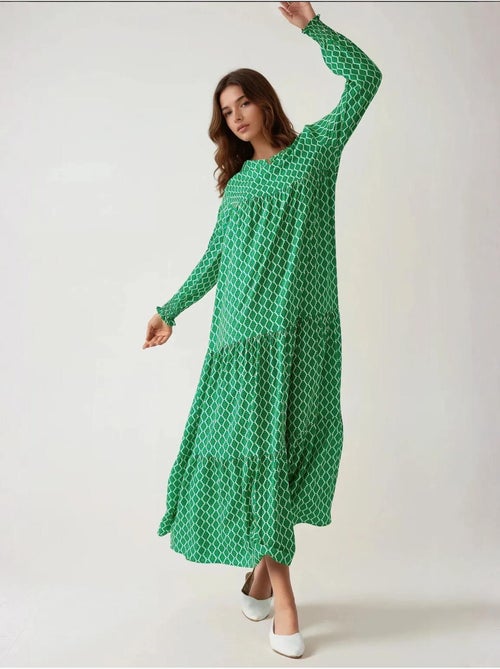Robe longue imprimée en viscose à col ras du cou hiccup - Kiabi Robe longue imprimée en viscose à col ras du cou hiccup - Kiabi