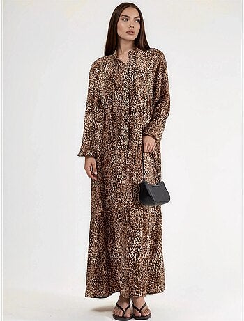 Robe longue imprimée léopard, coupe confortable, col en v et fermeture boutonnée hiccup