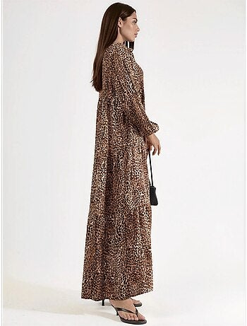 Robe longue imprimée léopard, coupe confortable, col en v et fermeture boutonnée hiccup