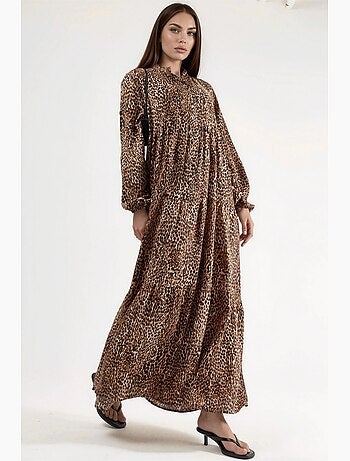 Robe longue imprimée léopard, coupe confortable, col en v et fermeture boutonnée hiccup