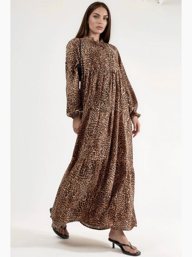 Robe longue imprimée léopard, coupe confortable, col en v et fermeture boutonnée hiccup Camel - Kiabi