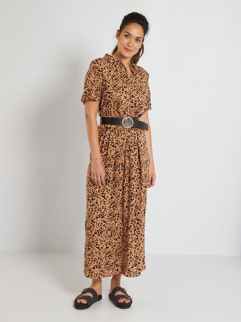 Robe longue 'léopard' col chemise Marron - Kiabi