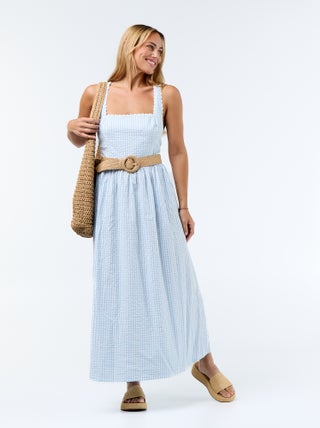 Robe longue maille gaufrée à bretelles croisées