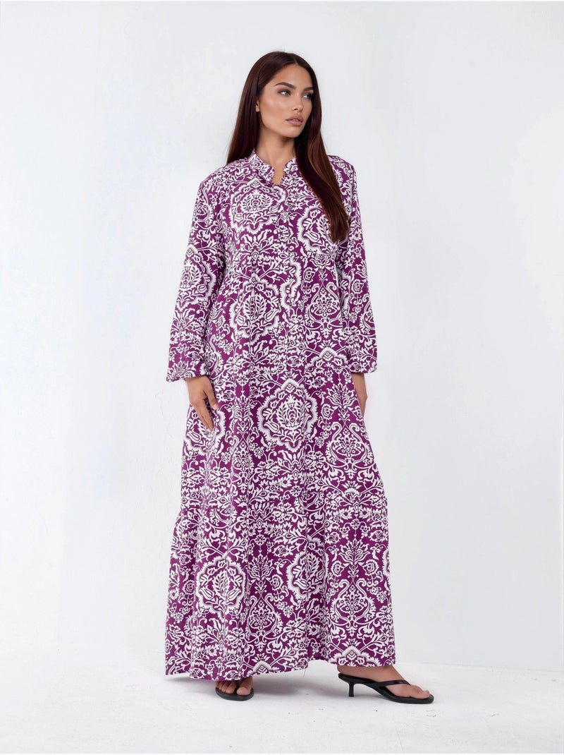 Robe longue maxi à col en v et à motifs, manches longues hiccup Mauve - Kiabi