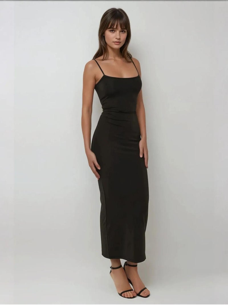 Robe longue moulante à col carré Noir - Kiabi
