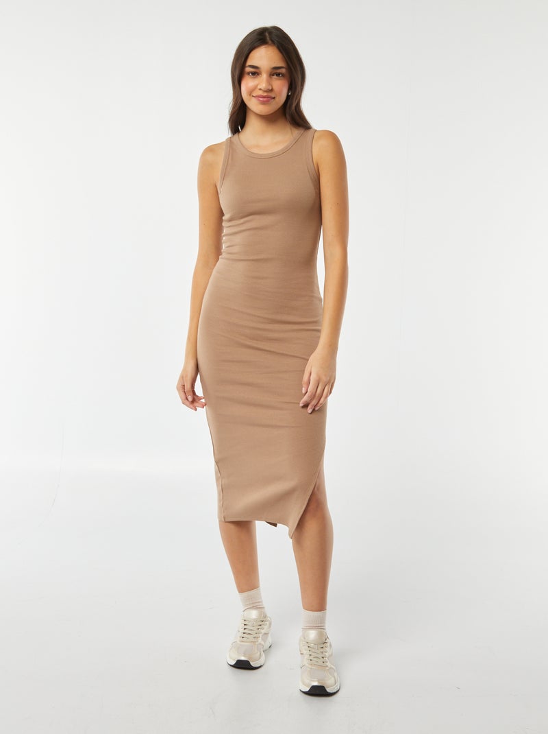 Robe longue moulante en maille côtelée sans manche moulante BEIGE - Kiabi