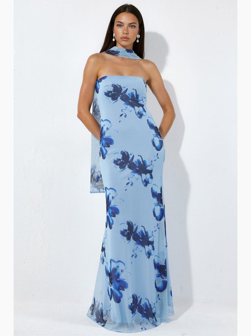 Robe longue moulante fleurie sans bretelles hiccup Bleu ciel - Kiabi