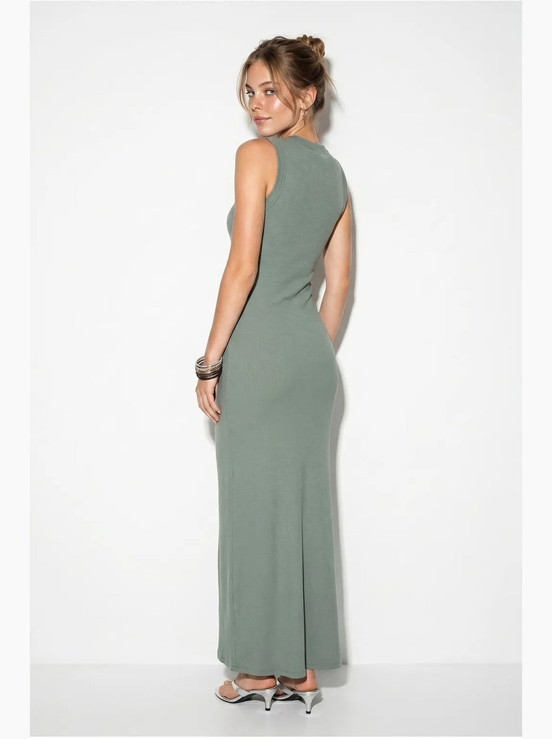 Robe longue moulante sans manches en maille côtelée lucci Kaki - Kiabi