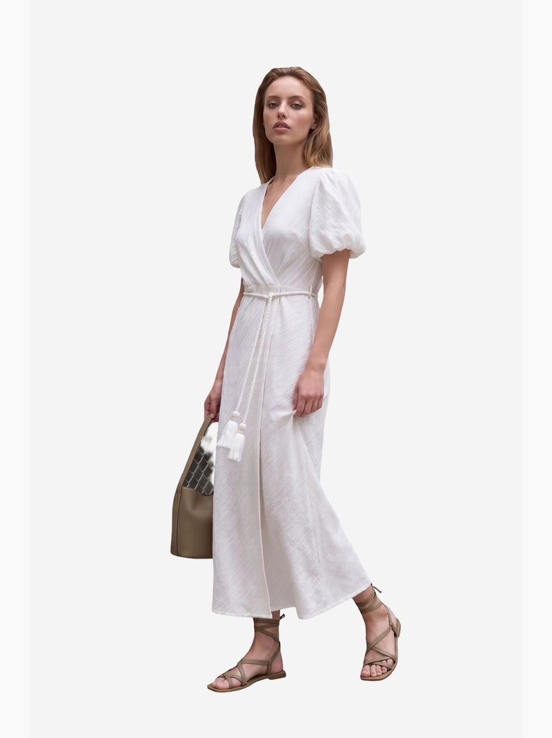 Robe longue portefeuille à col en v ceinturée my fashion Blanc - Kiabi