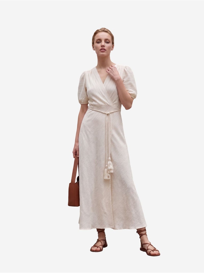 Robe longue portefeuille à col en v ceinturée my fashion Crème - Kiabi
