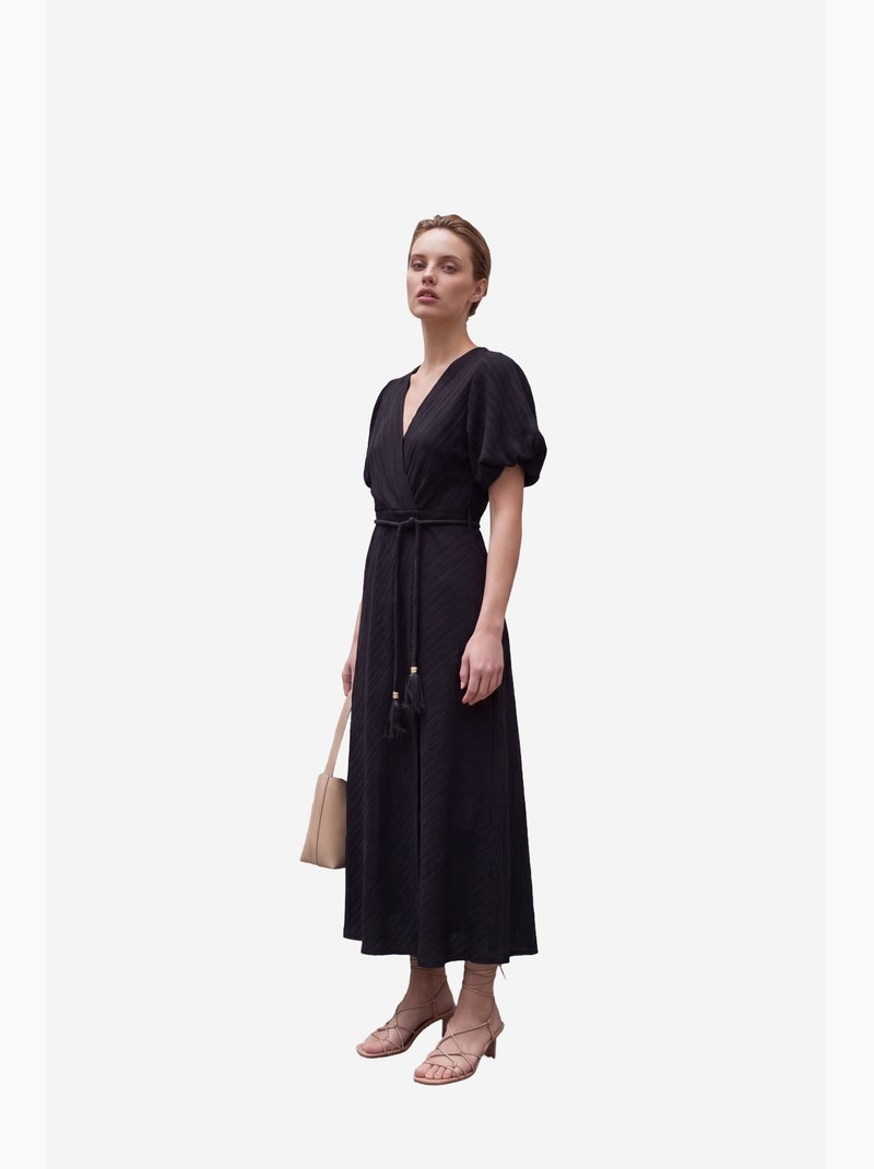 Robe longue portefeuille à col en v ceinturée my fashion Noir - Kiabi