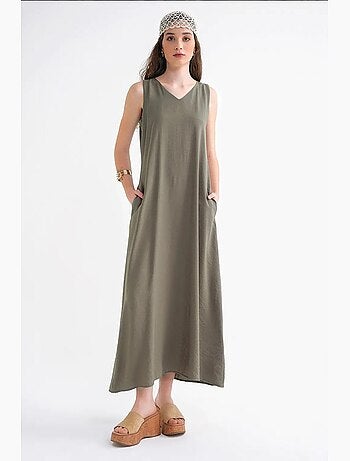 Robe longue sans manches à col en v et poches mixray