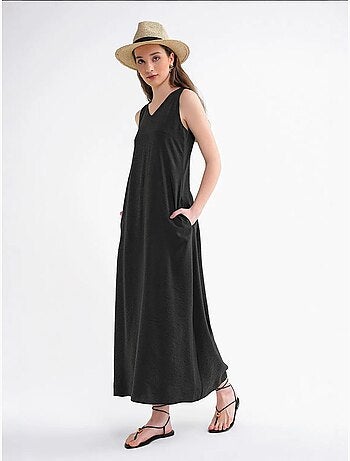 Robe longue sans manches à col en v et poches mixray
