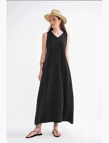 Robe longue sans manches à col en v et poches mixray