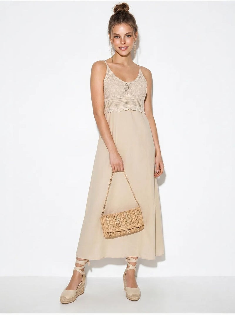 Robe longue sans manches coupe trapèze avec dentelle lucci Beige argile - Kiabi