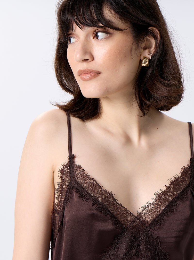 Robe longue satinée + dentelle Marron - Kiabi