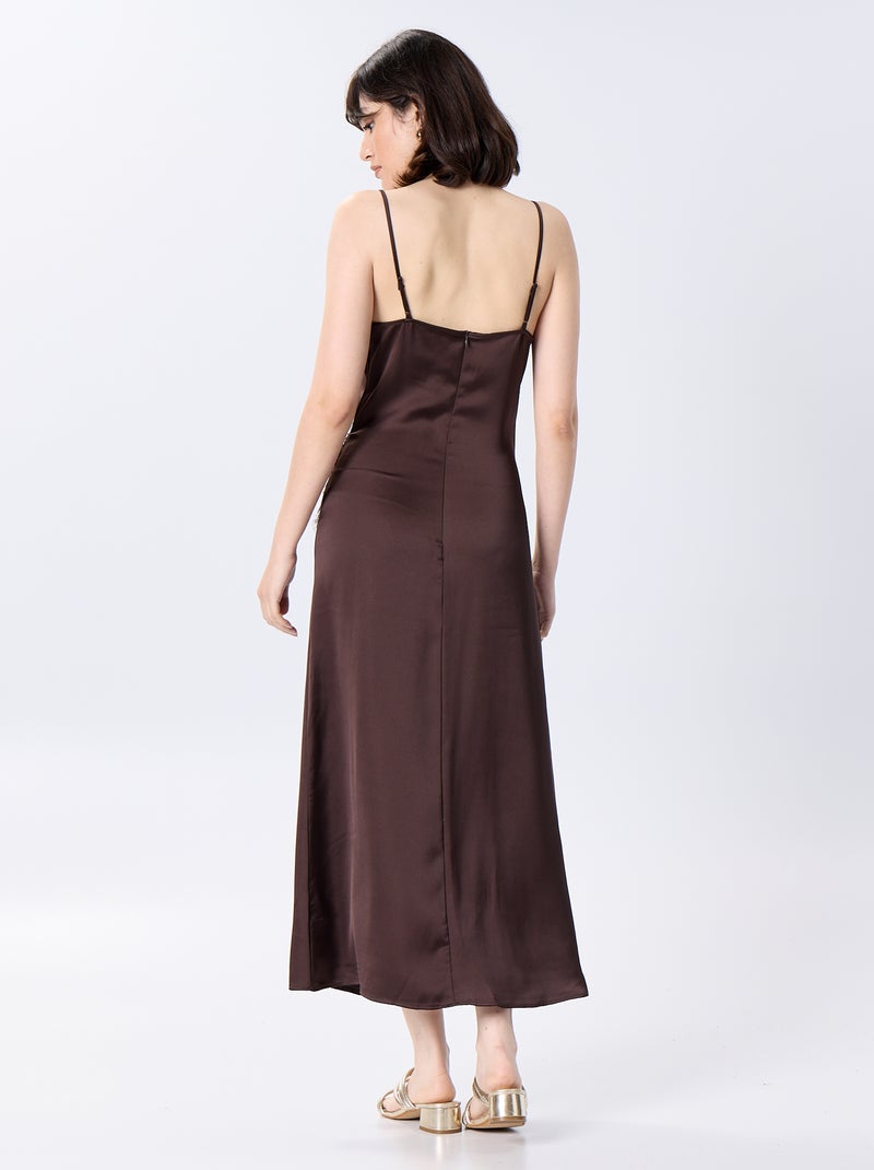 Robe longue satinée + dentelle Marron - Kiabi