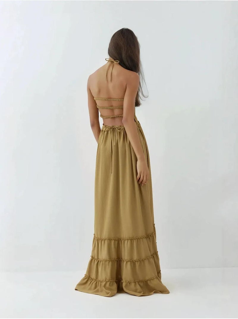 Robe longue texturée à col carré hiccup Vert kaki - Kiabi
