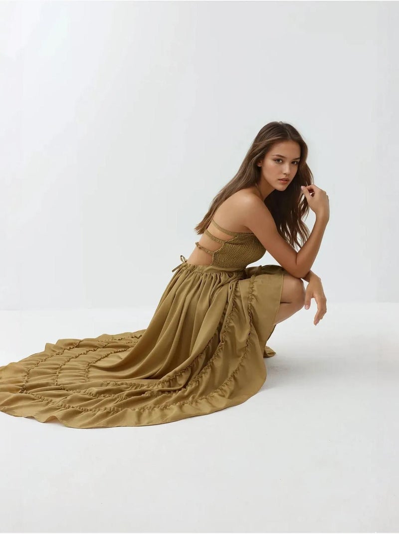 Robe longue texturée à col carré hiccup Vert kaki - Kiabi