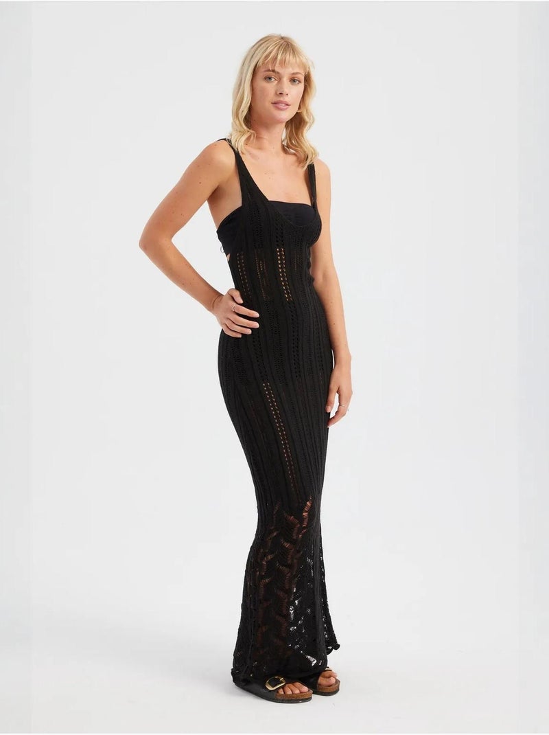 Robe longue texturée au crochet à décolleté plongeant Beige naturel - Kiabi