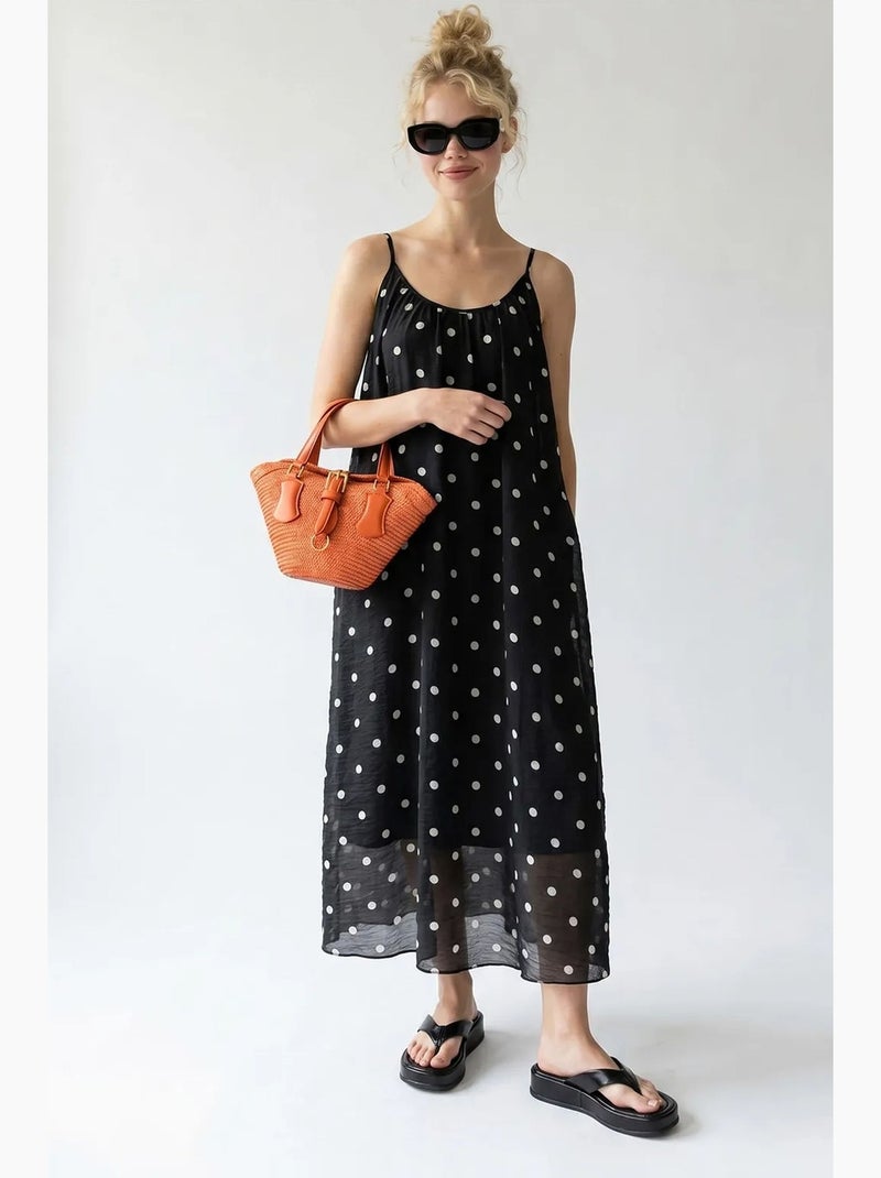 Robe longue trapèze à pois mixray Noir - Kiabi