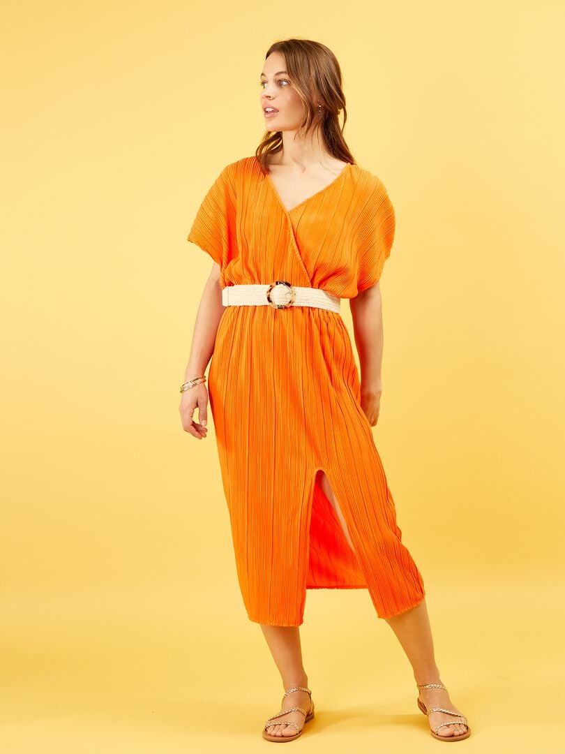 Robe maille plissée orange - Kiabi