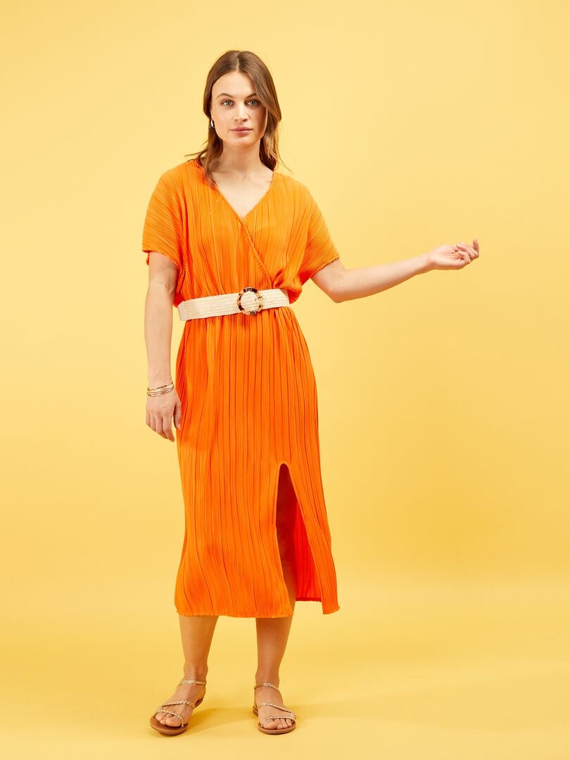 Robe maille plissée orange - Kiabi