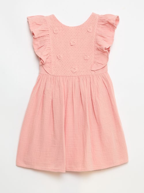 Robe manches courtes avec broderies au col en coton - Kiabi