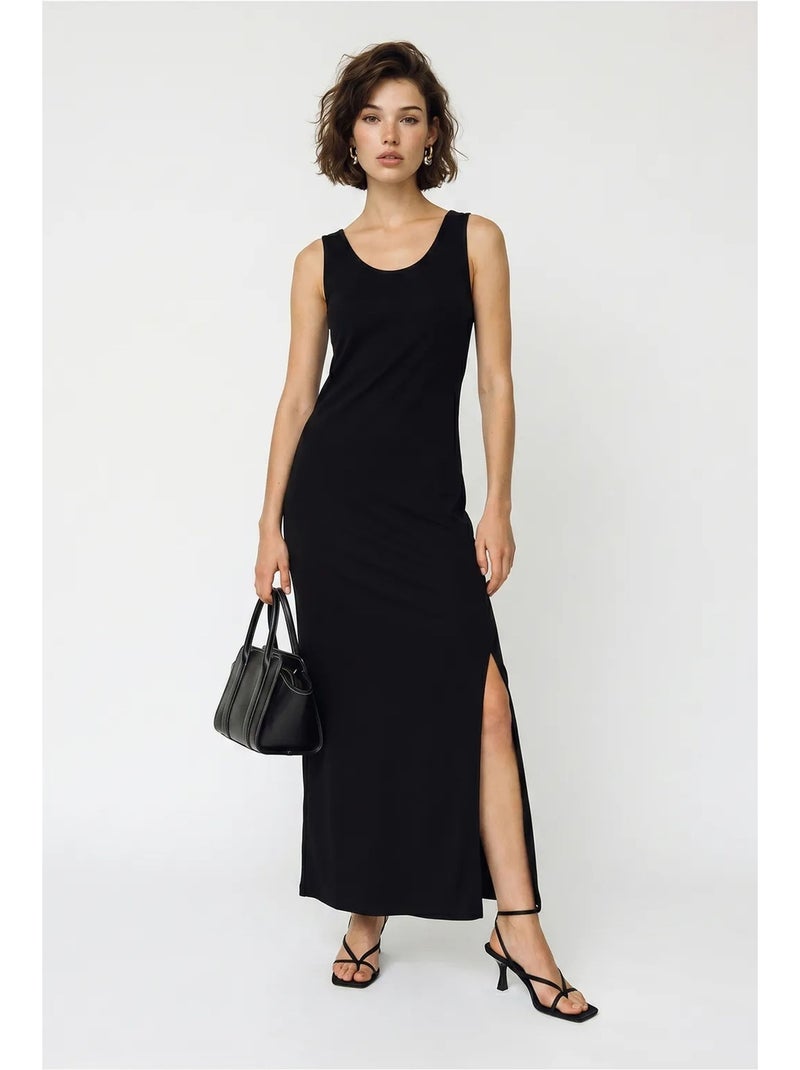 Robe maxi droite sans manches à fente lucci Noir - Kiabi