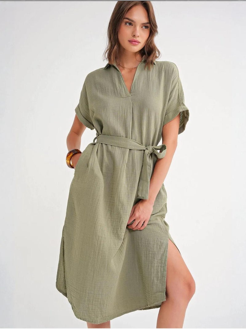 Robe mi-longue à col en v et détails accessoires mixray Kaki - Kiabi