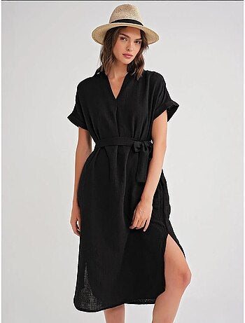 Robe mi-longue à col en v et détails accessoires mixray