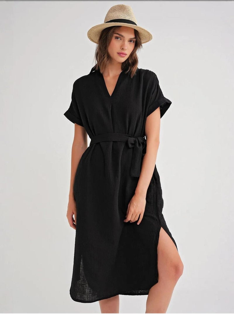 Robe mi-longue à col en v et détails accessoires mixray Noir - Kiabi