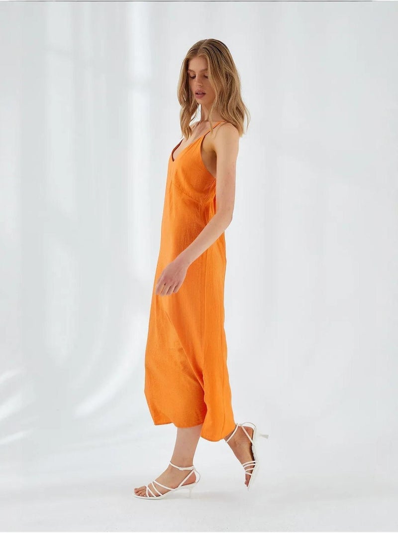Robe mi-longue à col en v et fente mixray Orange mandarine - Kiabi