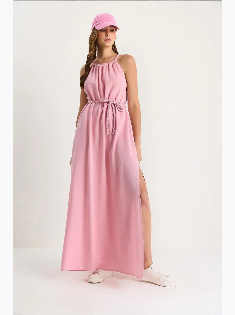Robe mi-longue à col licou et lien à nouer lucci Rose pâle - Kiabi