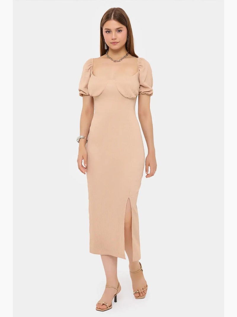 Robe mi-longue à manches bouffantes et col en cœur avec fente latérale hiccup Beige naturel - Kiabi