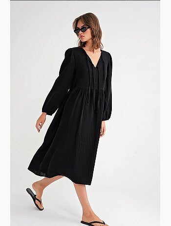 Robe mi-longue ample à col en v et fermeture à nouer mixray