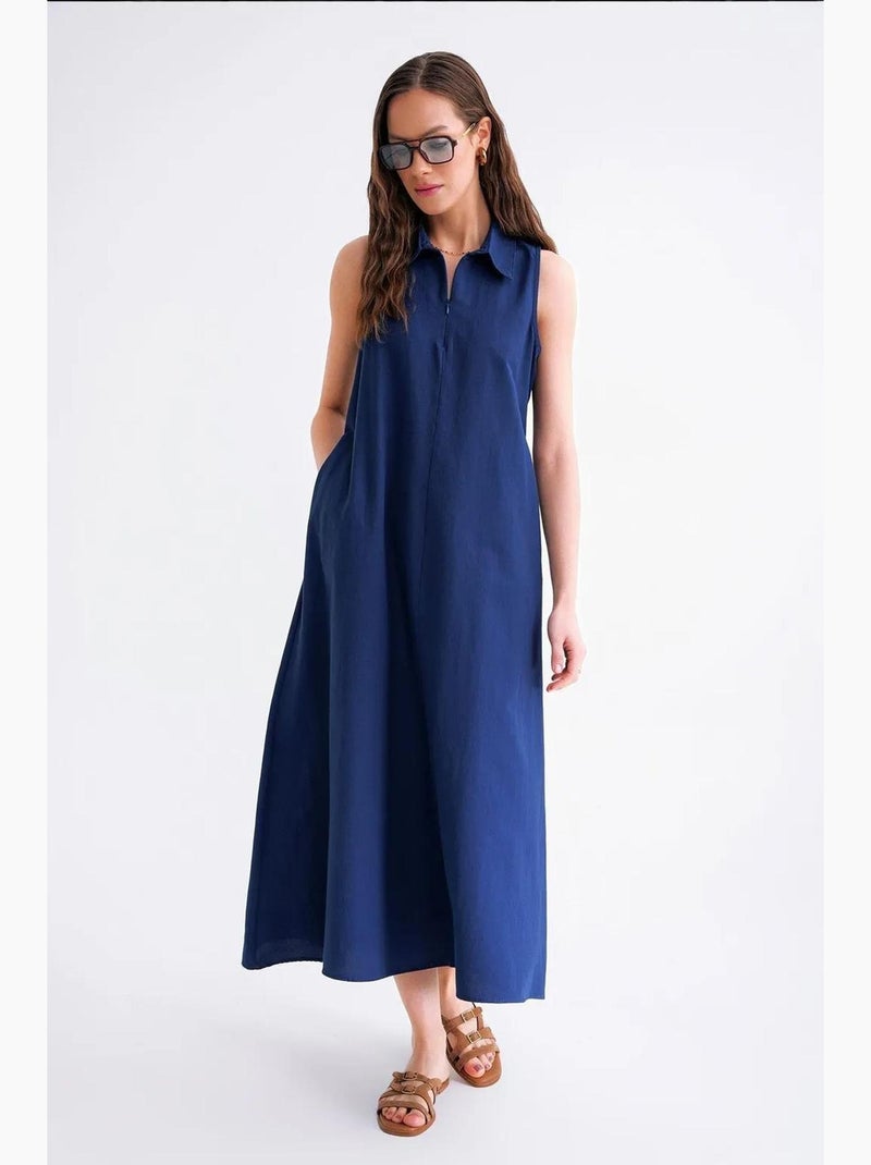 Robe mi-longue avec col chemise et fermeture éclair mixray Bleu marine - Kiabi