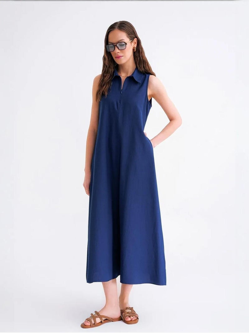 Robe mi-longue avec col chemise et fermeture éclair mixray Bleu marine - Kiabi