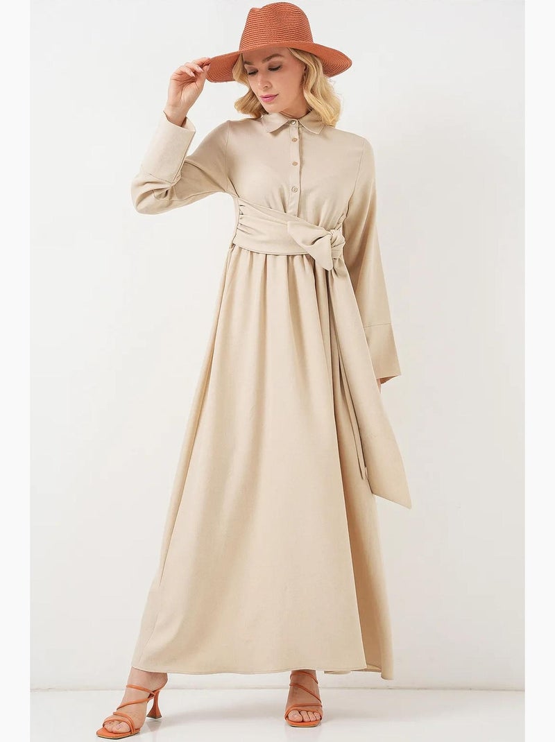 Robe mi-longue boutonnée à manches longues et col chemise bdart Beige argile - Kiabi