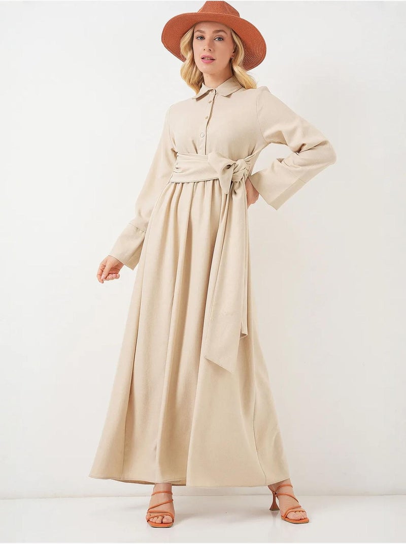 Robe mi-longue boutonnée à manches longues et col chemise bdart Beige argile - Kiabi