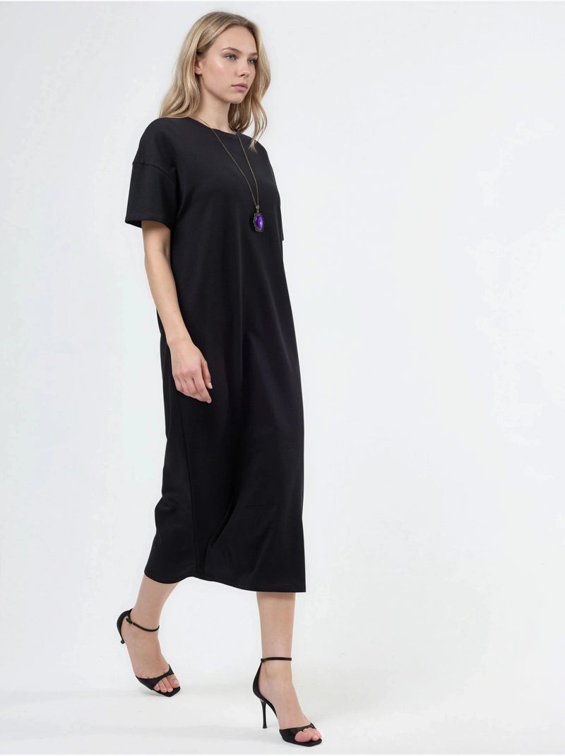 Robe mi-longue coupe décontractée à col ras du cou hiccup Noir - Kiabi