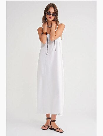 Robe mi-longue décontractée avec col carré et détails à volants mixray